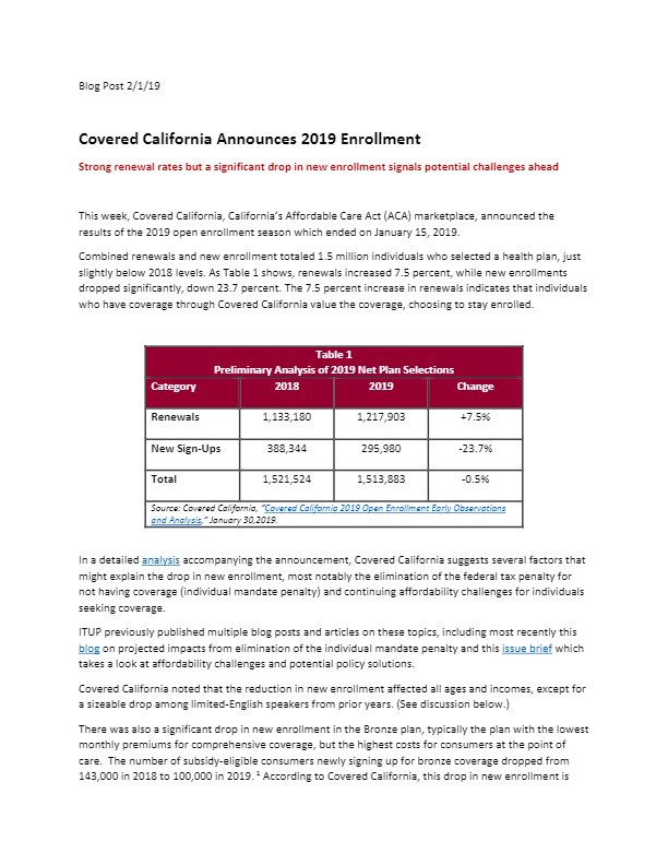 Covered California Announces 2019 Enrollment - ITUP